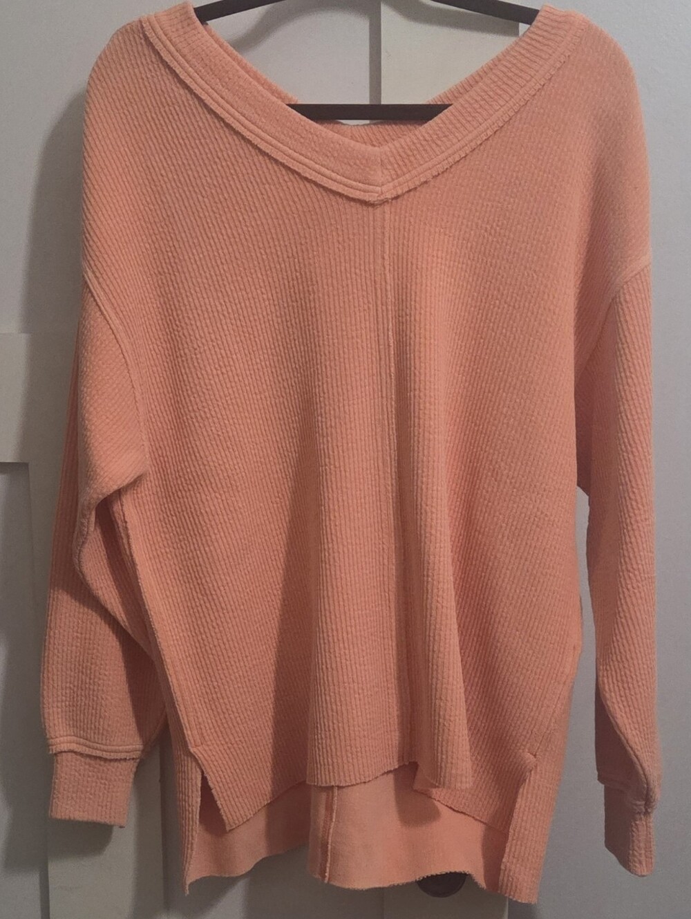 aerie Women's Orange/Peach V-Neck Waffle Knit Pullover